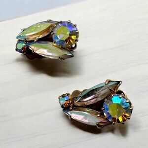 Vintage Clip on Earrings Gold Tone Aurora Borealis Rhinestones Marquis & Round